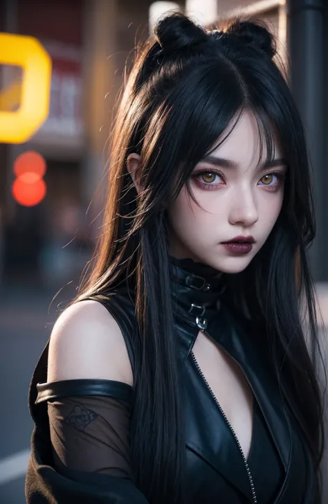 superb rendering, 8k, Masterpiece, Ultra Quality, Beauty: 1.2, Professional Illustration: 1.1, Ultra Detail: 1.3, Ultra Lighting, Highly Detailed, (dark light details) 1girl, 
 Goth_punk
heterochromia with Red Eyes and Yellow Eyes