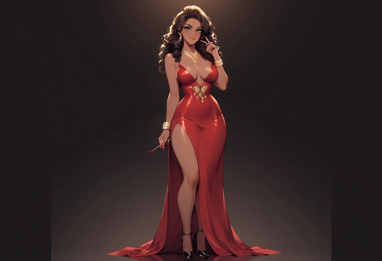  a dark-skinned adult woman , brown skin, dark red and curly hair/wavy, short,  dark green eyes, she wears light makeup but in shades of dark red like wine, your clothes are formal, a long tight red dress with an opening in the shell and black heels, she h...