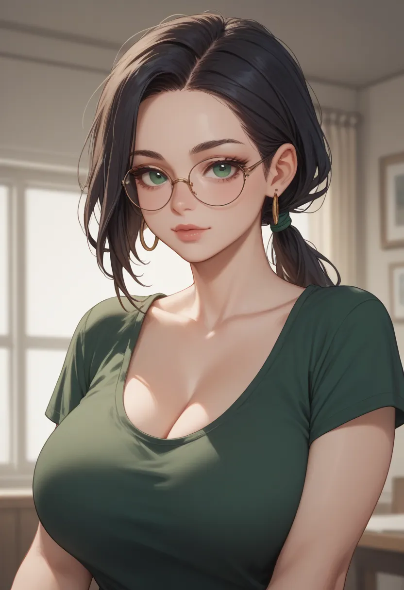 Make a big huge boobs bright white skin girl with cleavage in plain dark green t-shirt and low ponytail hair and spectacles or glasses at eyes and round earings