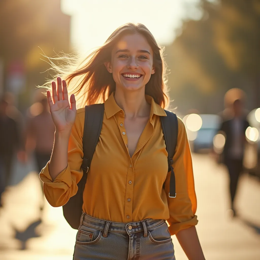 Medium shot with blurred background, perfect lighting, camera following, a girl smiling and walking quickly towards the camera, raising her hand to greet the lens.