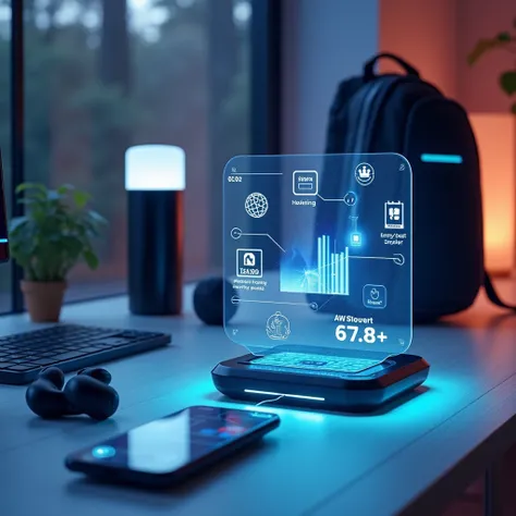 A futuristic setup featuring a collection of smart gadgets in a sleek, modern setting. The image showcases a cutting-edge smart home hub with a holographic interface, controlling various smart home devices such as ambient lighting, security cameras, and a ...