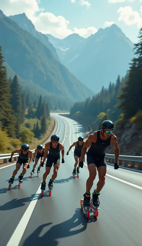 group of massive 20-year-old people descending on skates, on a highway at curvy speed, wearing black sportswear, colored wheels, colored helmet, knee pads, Gloves, on day, mountains, trees