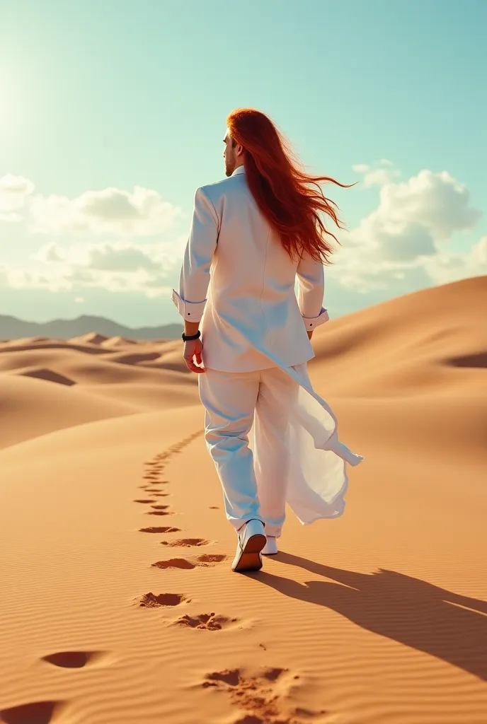 un homme  latino avec d es vêtement décontracté blanc il et dans un autre monde  fantastique  il voie une femme de loin une femme avec des cheveux rouge long bouclé qui vient vers lui il marche le long du paysage 