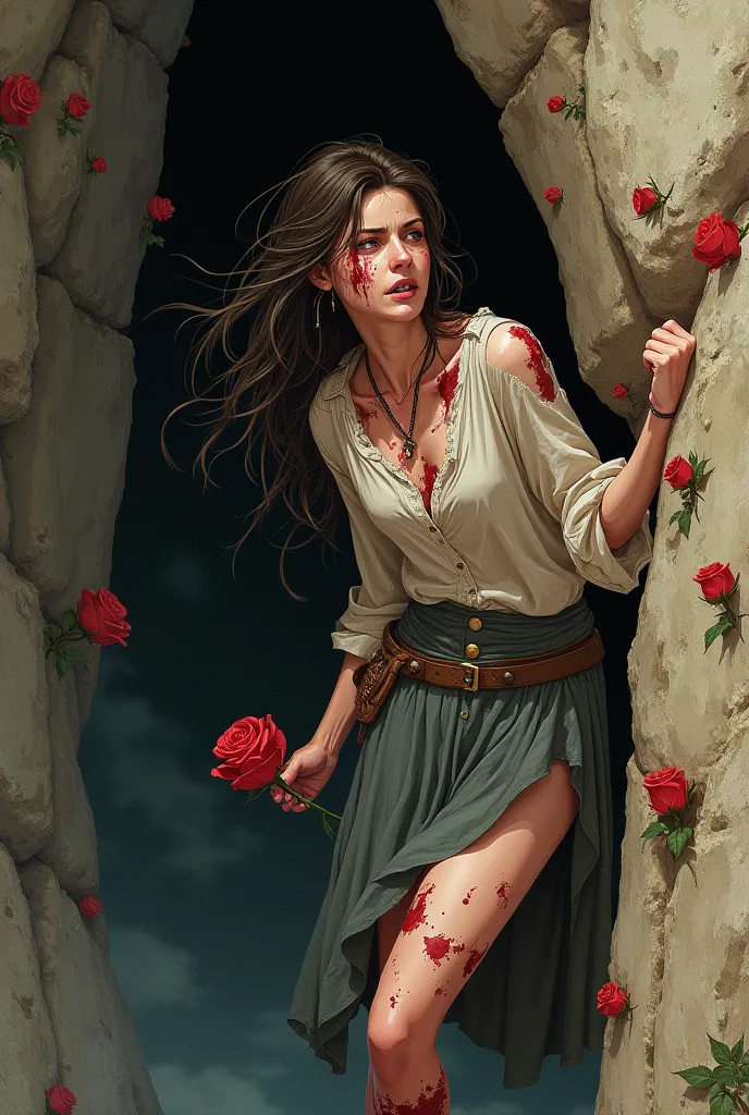 Illustrations with a traditional finish showing this scene: The traveler climbs the walls of the abyss, with torn clothes and bloody skin. Her face shows determination and pain. Roses are embedded in her skin.