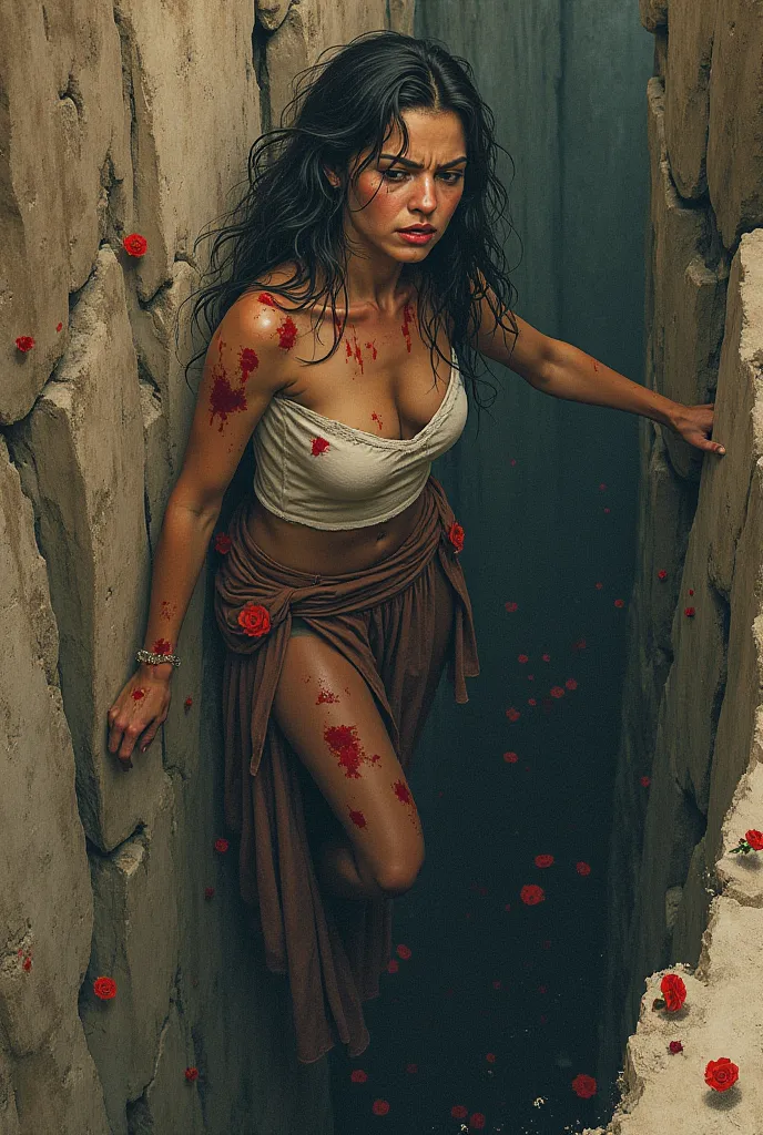 Illustrations with a traditional finish showing this scene: The traveler climbs the walls of the abyss, with torn clothes and bloody skin. Her face shows determination and pain. Roses are embedded in her skin.