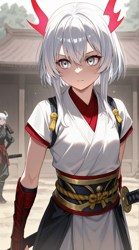  Woman 20 years old white hair and red locks with silver eyes she is a samurai in Demon Slayer , With a snake 