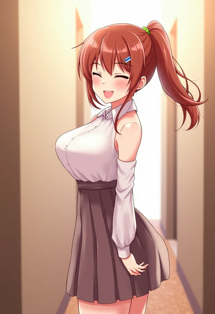 masterpiece,best quality,amazing quality,1girl, skirt, breasts, shirt, solo, jewelry, hair ornament, ponytail, huge breasts, bare shoulders, earrings, closed eyes, hairclip, smile, long hair, indoors, brown hair, blush, standing, red hair,hallway,