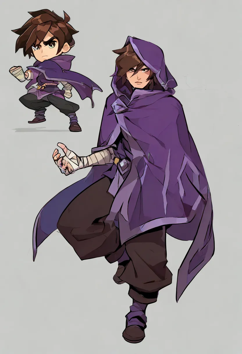  Human Male , ((Best Character Design )),Purple Robes  ,  Simple background, ),Purple hooded cloak  , Bandage hands ,solo ,pose ,Pants , Brown Hair, 