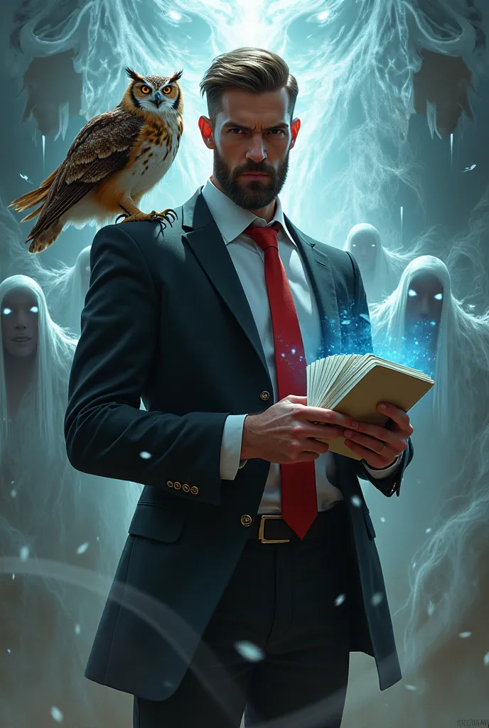 Handsome brown-haired man with short beard dressed in a black suit, white shirt and red tie with an owl on his shoulder, carrying magic cards wrapped in white magic in combat posture fighting ghosts