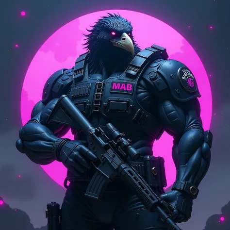 Special forces emblem. Include a mean looking, muscular spec ops Crow. Monsterous and intimidating. Include the name "MAB" on a special forces patch on uniform. Mean looking. Include the name "Crow" on armor. A sinister smug smirk on his face. Shining Silv...