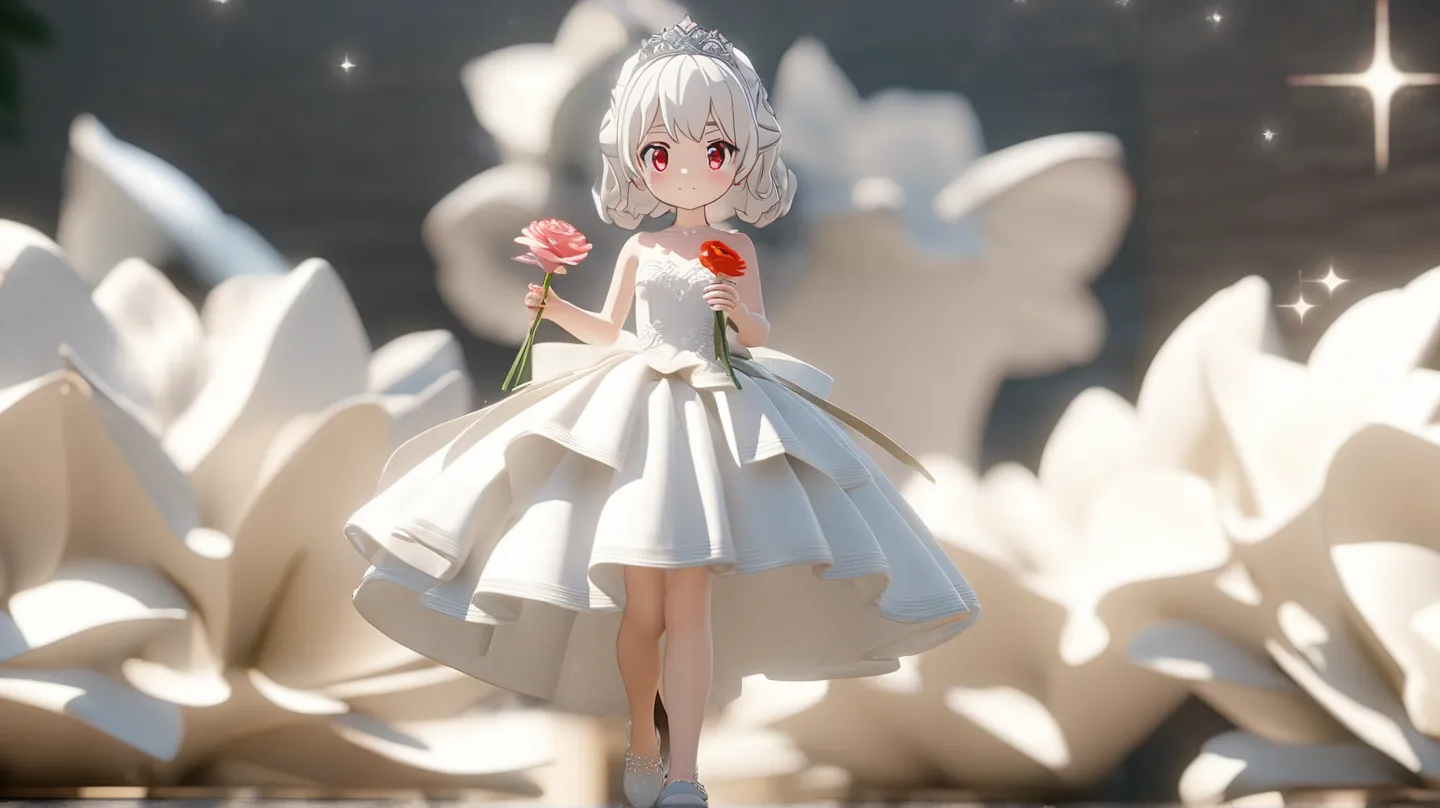 1boy, Solo, Red Eyes, White hair, Female, (Cute Wedding Dress), Tiara, Closed Mouth, Full Body, Simple background, Walking, Standing, perfect hands, Depth Of Field, Sparkle, Detail, HD, Masterpiece, Anime Style, 3D Rendering, Looking at viewer, Holding Flo...