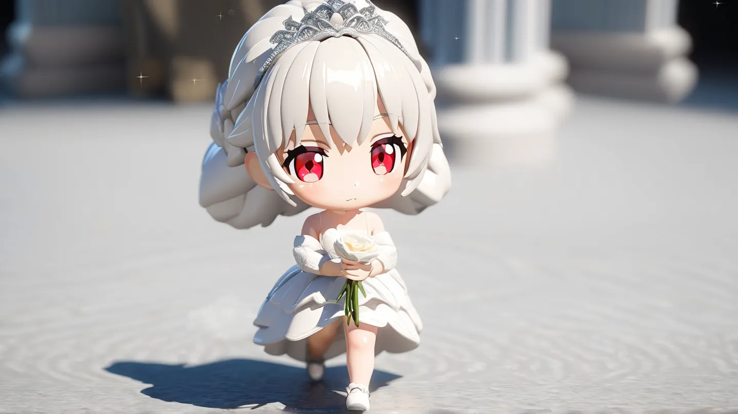 1boy, Solo, Red Eyes, White hair, Female, (Cute Wedding Dress), Tiara, Closed Mouth, Full Body, Simple background, Walking, Standing, perfect hands, Depth Of Field, Sparkle, Detail, HD, Masterpiece, Anime Style, 3D Rendering, Looking at viewer, Holding Flo...