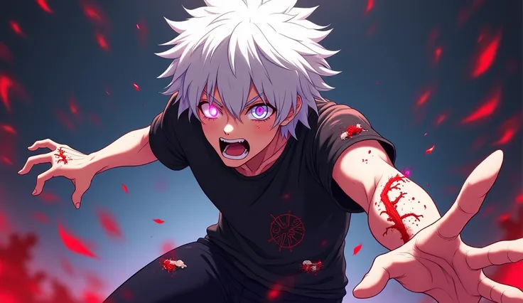 The anime illustration is colorful and bright, guy with fluffy white hair, , he has a frightened look and his eyes are pronounced frightened. His mouth is open like he's screaming in pain. He is wearing a black t-shirt with cuts and signs of viral infectio...