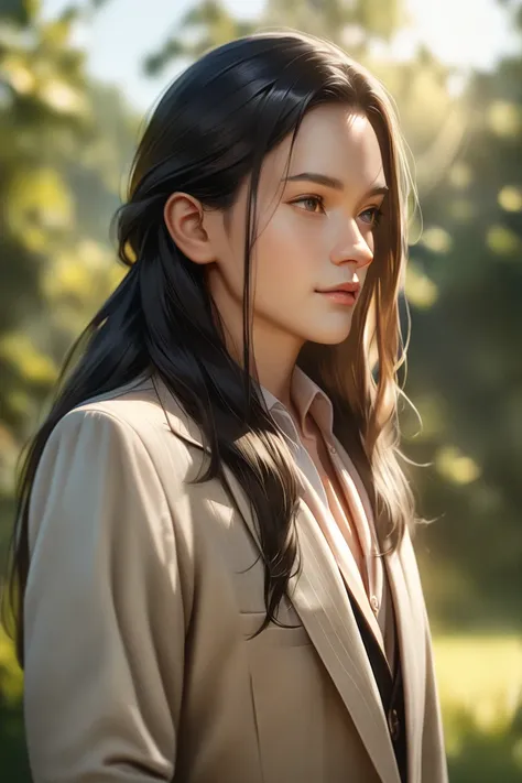 Half elf, long hair, black hair, casual suit, ear cover by hair, cleric