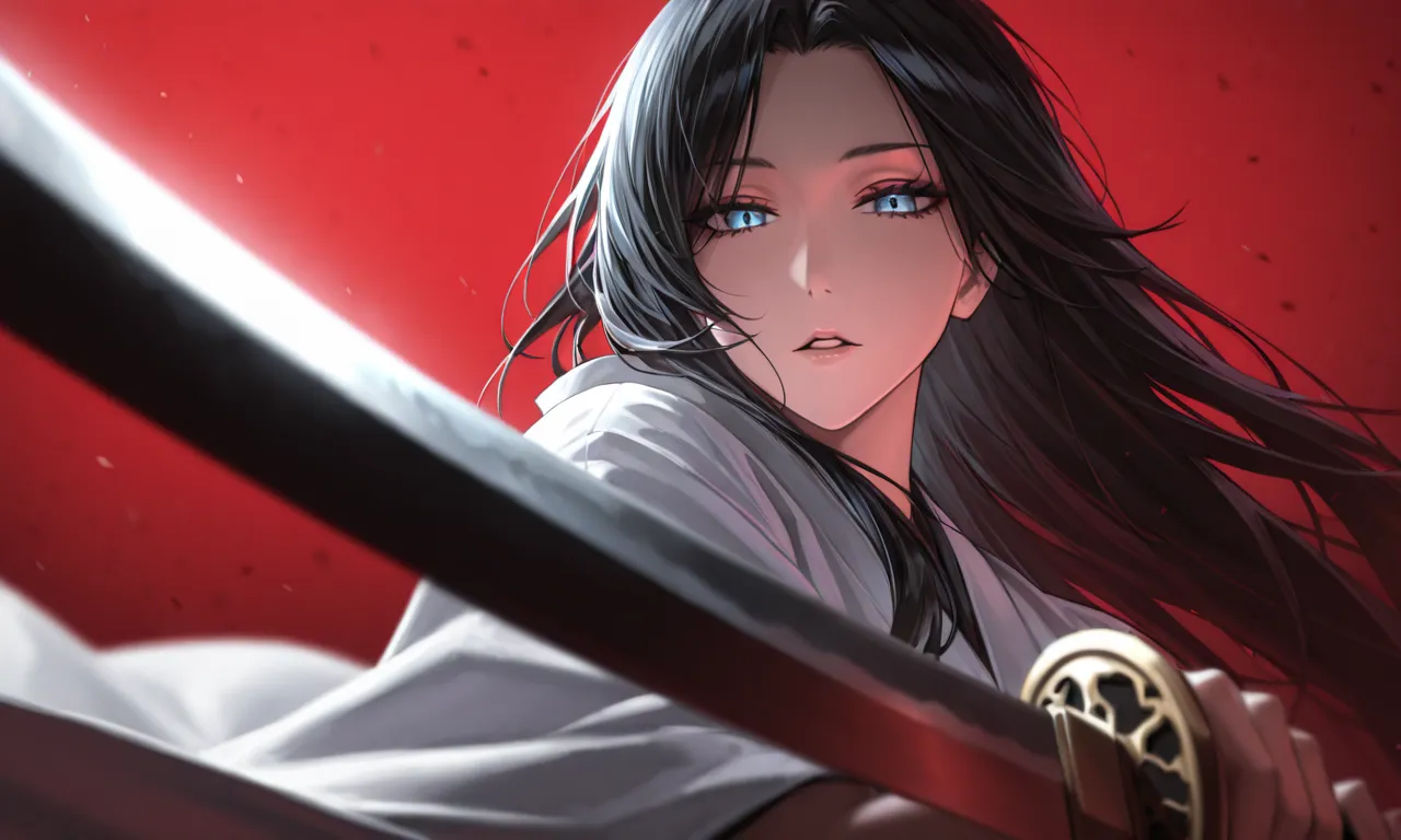 1girl, solo, long hair, looking at viewer, blue eyes, black hair,holding, upper body, weapon, parted lips, japanese clothes, sword, holding weapon, holding sword, katana, sheath, red background,best quality, masterpiece, amazing quality, very aesthetic, hi...