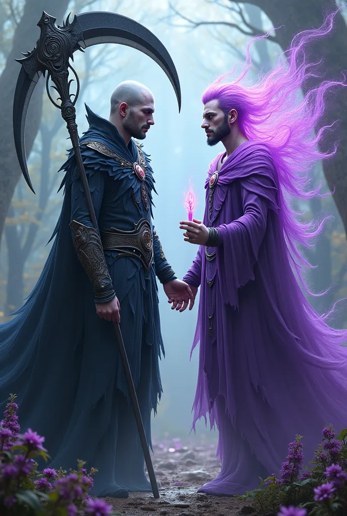 A universe with two gods, One god has a black grim grim and a scythe and is white-skinned and the other god has a violet robe and a magic staff and has white skin and both are men,  without a beard