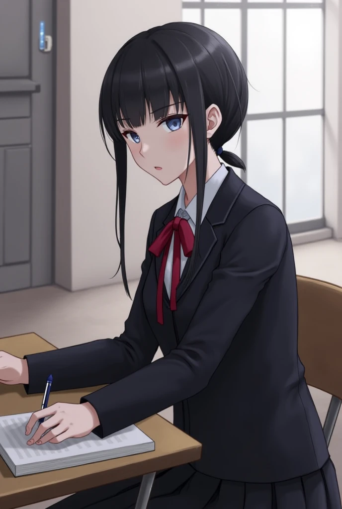 her hair could be tied into a low ponytail or have subtle bangs framing her face.
- **Eyes**: Her eyes are a cool, piercing gray, maintaining the same calm and emotionless demeanor as the original Ayanokouji. They give off an air of mystery and intelligenc...