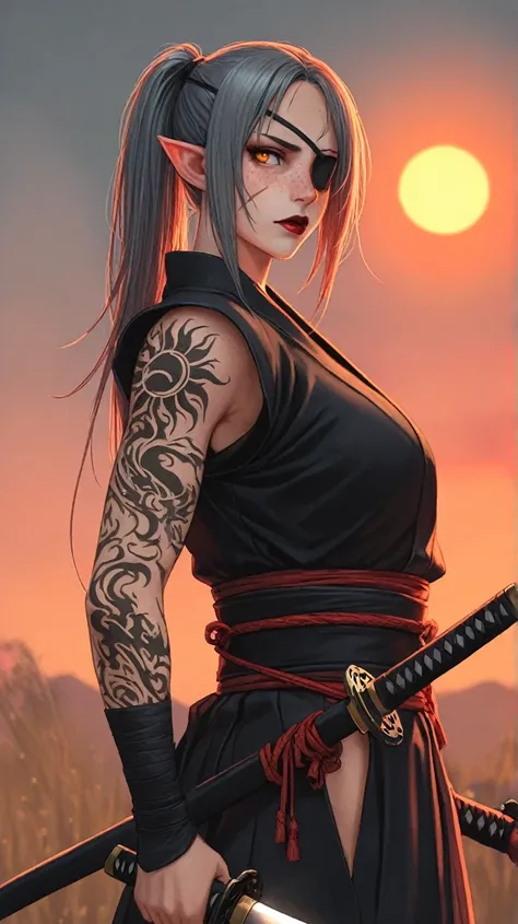 1girl, long hair, gray hair, ponytail, eye patch, kunoichi, samurai, beautiful, pointy ears, holding a katana, amber eyes, tired face, sun, D&D, warlock, freckles, dark red lips, scar on eye, black tint on eye, white katana, nodachi, gothic, witchcraft, fr...