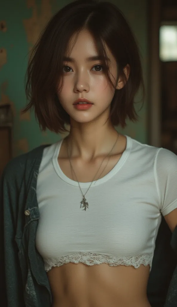  Her makeup is subtle and natural ,  hairstyle of Bob .  dark brown hair , looking directly at the camera with a serious expression.  The bottom of the white short t-shirt has subtle . She wears short sleeves ,  The jacket is draped over the shoulders ,  B...