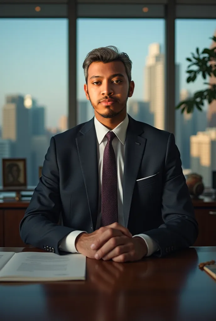 recreate a photo of this man where he wars suits and sits in office room in a corporate house 