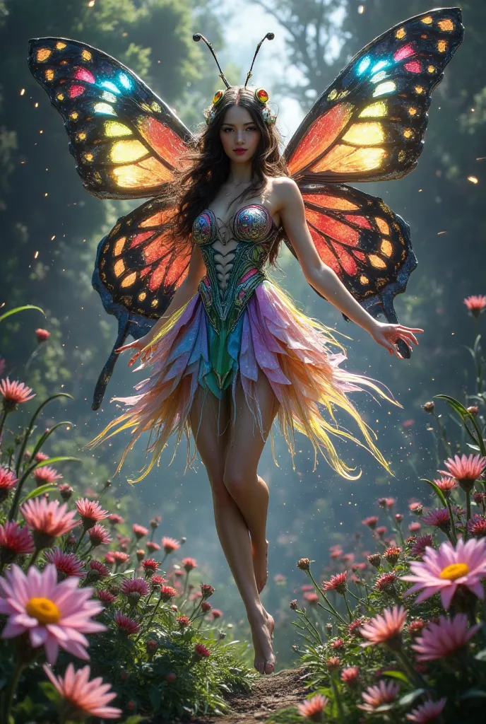  a beautiful woman (European, Age 30, hourglass figure, Incredibly beautiful, delightful hips and thighs, colorfuls kleid,   bare feet , insect antenna headband, colorful, Lively, large butterfly wings) the woman is as big as a fairy, happy fluttering from...