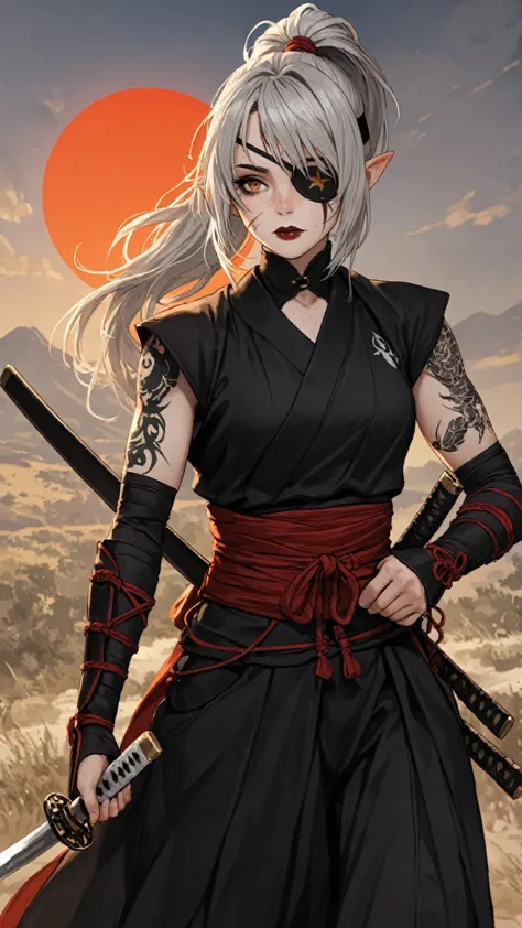 1girl, long hair, gray hair, ponytail, eye patch, kunoichi, samurai, beautiful, pointy ears, holding a katana, amber eyes, tired face, sun, D&D, warlock, freckles, dark red lips, scar on eye, black tint on eye, white katana, nodachi, gothic, witchcraft, fr...