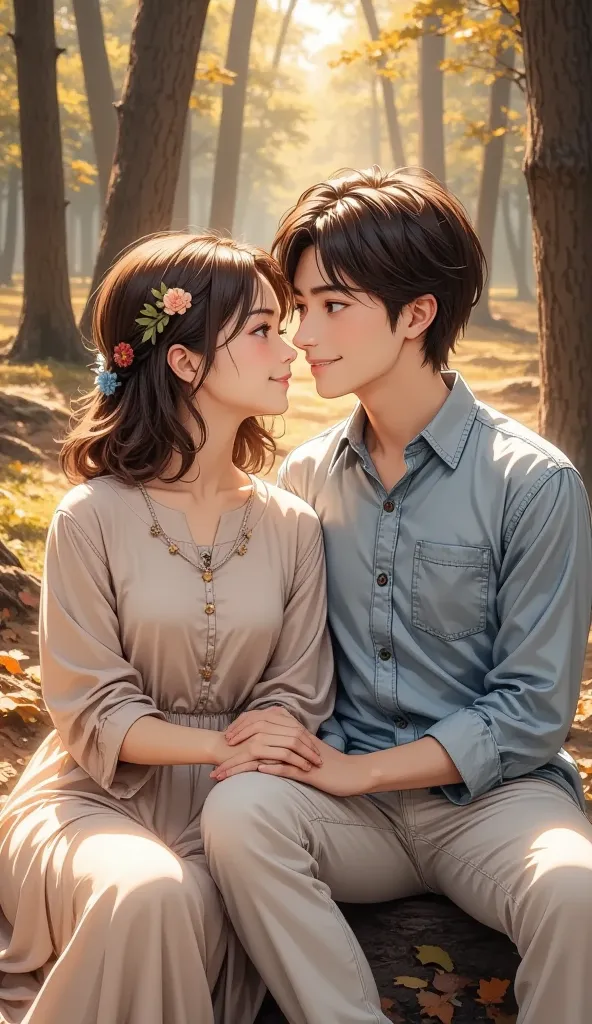 A young couple, likely in their late s or early twenties, sits close together in a sunlit forest clearing.  The woman, with shoulder-length brown hair styled in a braided updo adorned with small flower accents, is of East Asian descent.  She wears a light ...