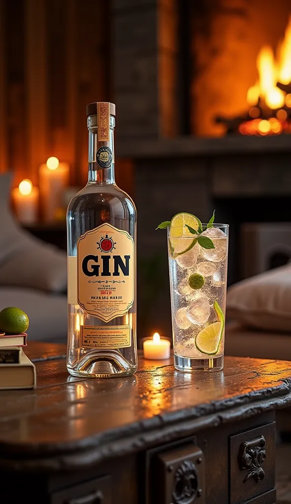 Create an image of a bottle of gin and a glass of gin and tonic in a cozy atmosphere. The bottle should be placed on a wooden or stone table next to a tall glass filled halfway with gin and tonic. The glass should contain ice and a slice of lime or lemon. ...