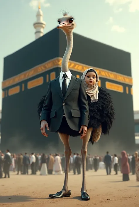 Want to generate ai images of ostrich is wearing suit and standing Infront if kaaba with baby girl in hijab