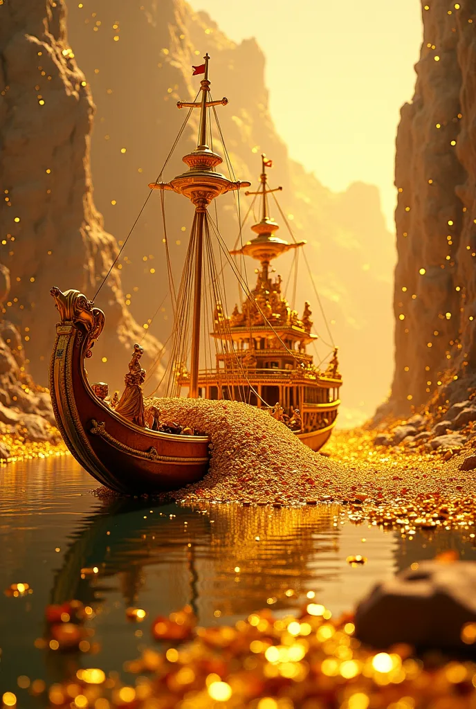 A big boat with gold people full of gold coins gold in a river of gold coins with thousands and millions of gold coins around raining gold coin raining millions of gold coins 