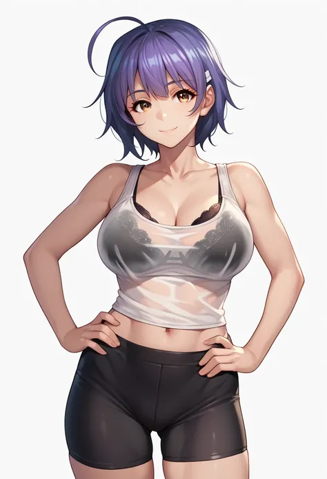 yoshizawakana, solo, looking at viewer, smile, large breasts, simple background, shirt, white background, bare shoulders, brown eyes, underwear, standing, collarbone, cowboy shot, ahoge, shorts, barefoot, bra, see-through, hand on hip, short shorts, black ...