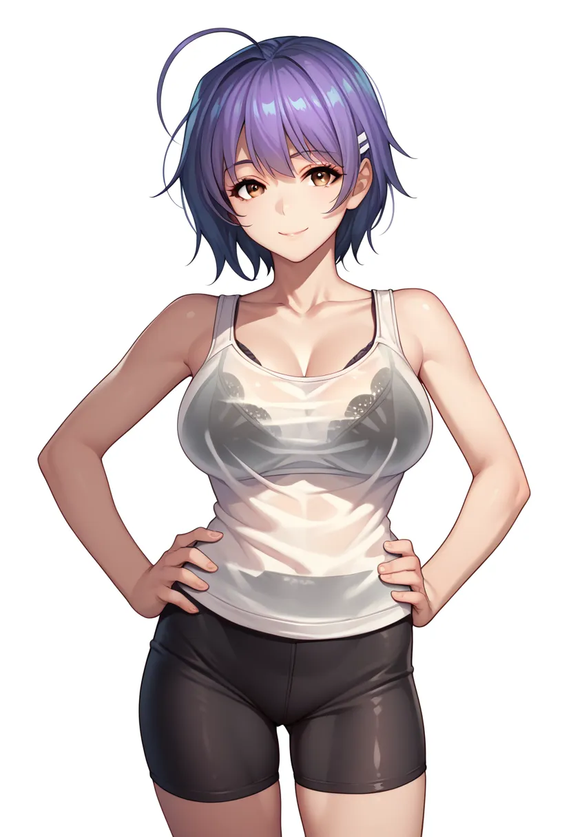 yoshizawakana, solo, looking at viewer, smile, large breasts, simple background, shirt, white background, bare shoulders, brown eyes, underwear, standing, collarbone, cowboy shot, ahoge, shorts, barefoot, bra, see-through, hand on hip, short shorts, black ...