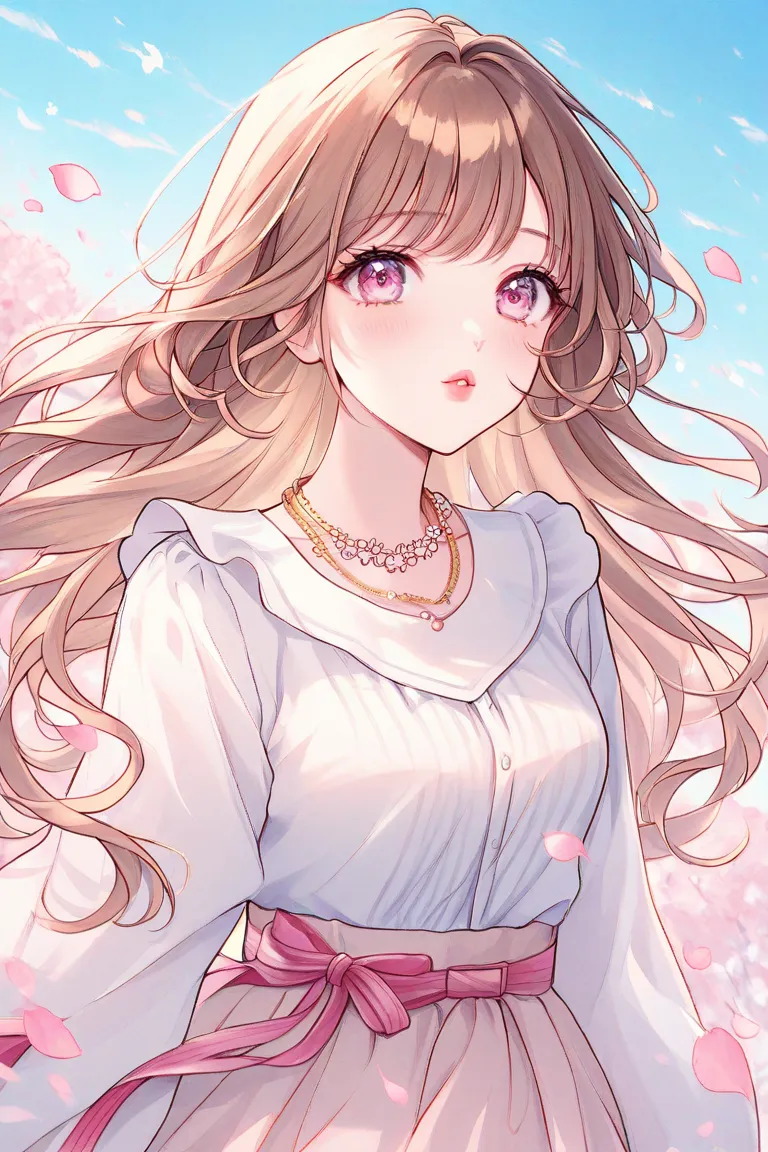 watercolor、 illustrations、1 girl、 piece、 beautiful face、cute、blue sky、cherry blossoms、caramel brown hair 、 long hair 、light pink eyes、Super droopy eyes、 teardrop bags、 white blouse、skirt、necklaces、pink cheeks、 small lips by Telebi、pink lips、 from afar、