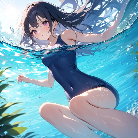 (1 girl),(Best Picture Quality, 8K, Masterpiece:1.3), (school swimsuit), (swimming pool), (bikini (swimwear),