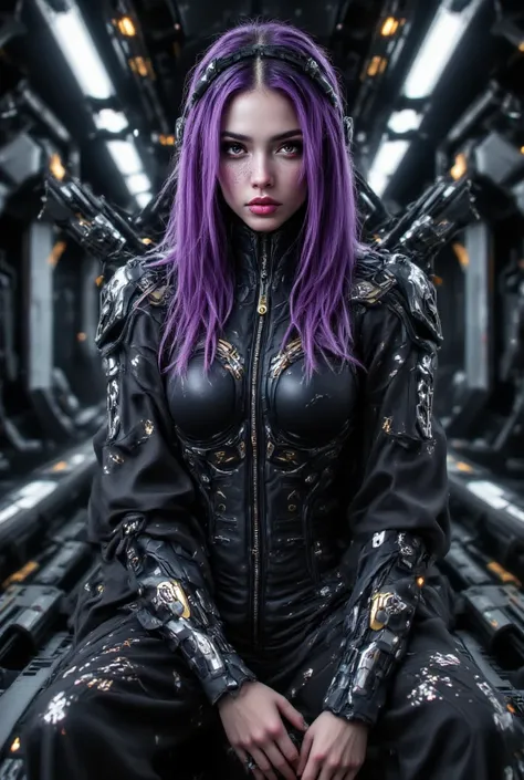 A beautiful young girl, slime, straight hair, purple/black hair, sci fi jumpsuit, brown eyes, makeup eyes, freckles, pink lipstick, athletic body, abs, muscular definition, small breasts, small ass, full body, indoor, detailed background of a space fighter...