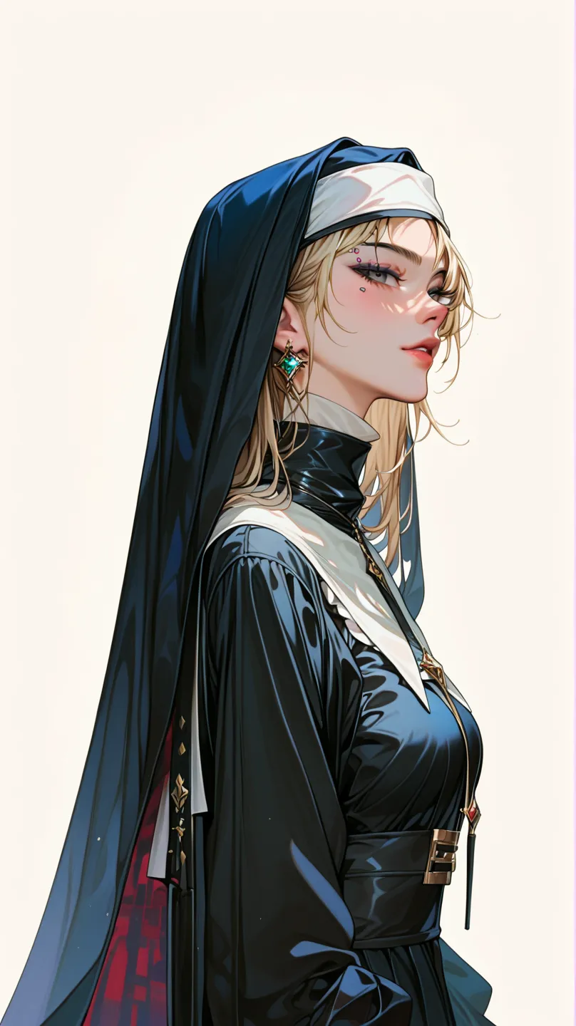 (best quality, masterpiece:1.2), side view, a Tall gothic nun woman with very white skin extremely black eyes and hair also straight hair short tomboy styles with eyebrow piercing and a thin face , anime illustration, single solid color background , full p...