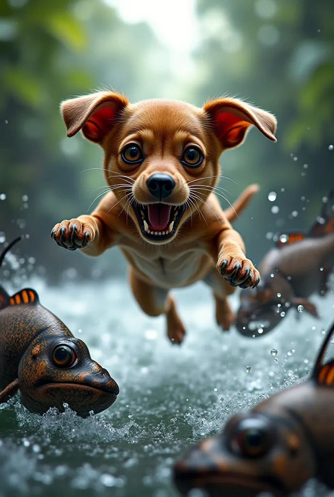 ### **Scene 9: The Threat of the Piranhas**  
**Image Prompt: Fall into Danger**  

A short-haired brown dog with floppy ears and warm brown eyes is mid-air, tumbling helplessly toward the rushing jungle river. Its front paws are stretched out in panic, bo...