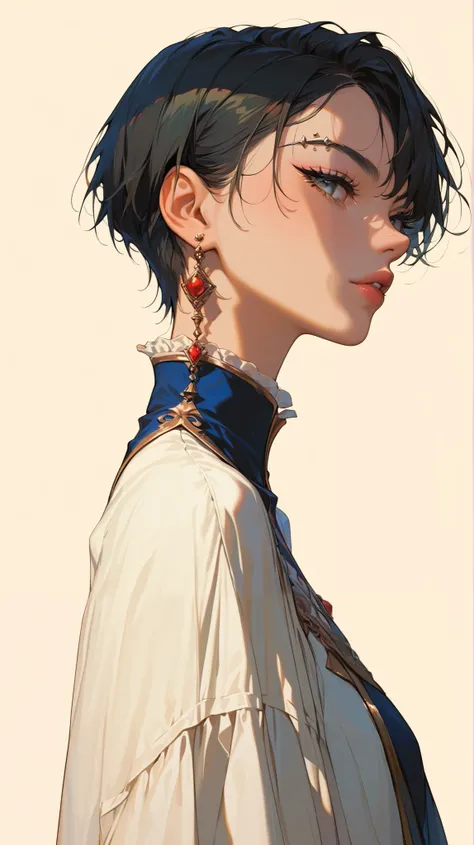 (best quality, masterpiece:1.2), side view, a Tall beautiful woman with very white skin extremely black eyes and hair also straight hair short tomboy styles with eyebrow piercing and a thin face , anime illustration, single solid color background , full pe...