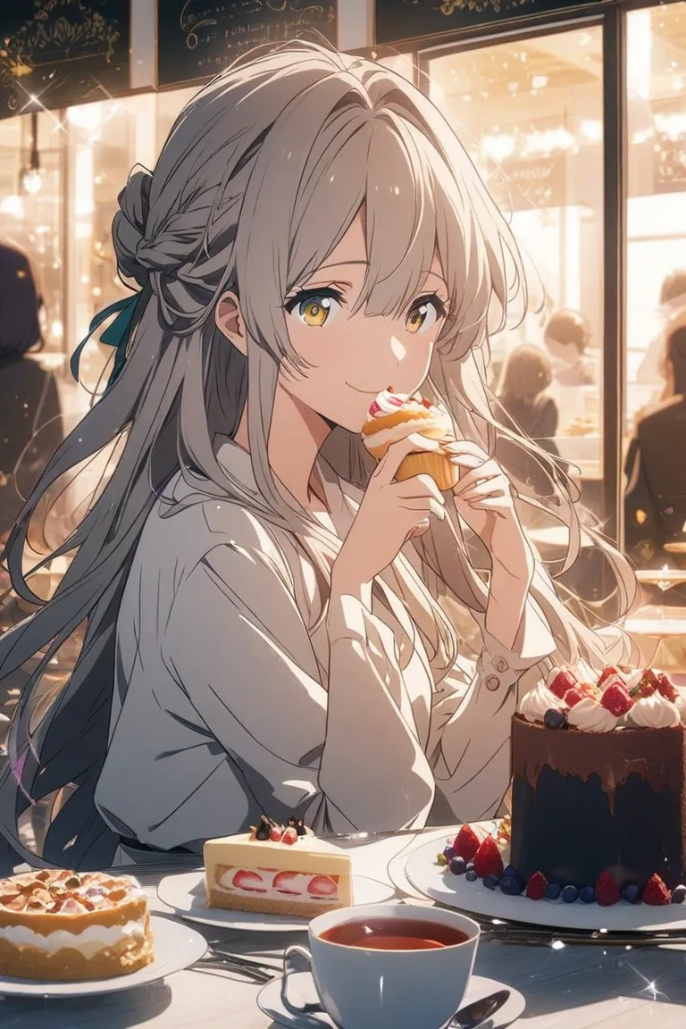 Anime-style illustration Violet Evergarden style, cake shop at lunchtime, eating cupcakes, cake and tea on the table. In the background is a stylish New York-style open cafeツインテール, very long hair,  highlight color hairstyle, hair fluttering in the wind, go...