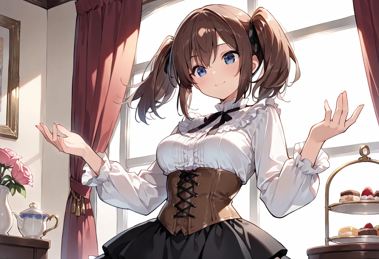 ((masterpiece, best quality, ultra detailed, high resolution, beautiful detailed face, beautiful detailed eyes, perfect hands, 4K)), (1 girl, solo), (medium breasts), (twintails), (blouse, corset, tiered frill skirt)