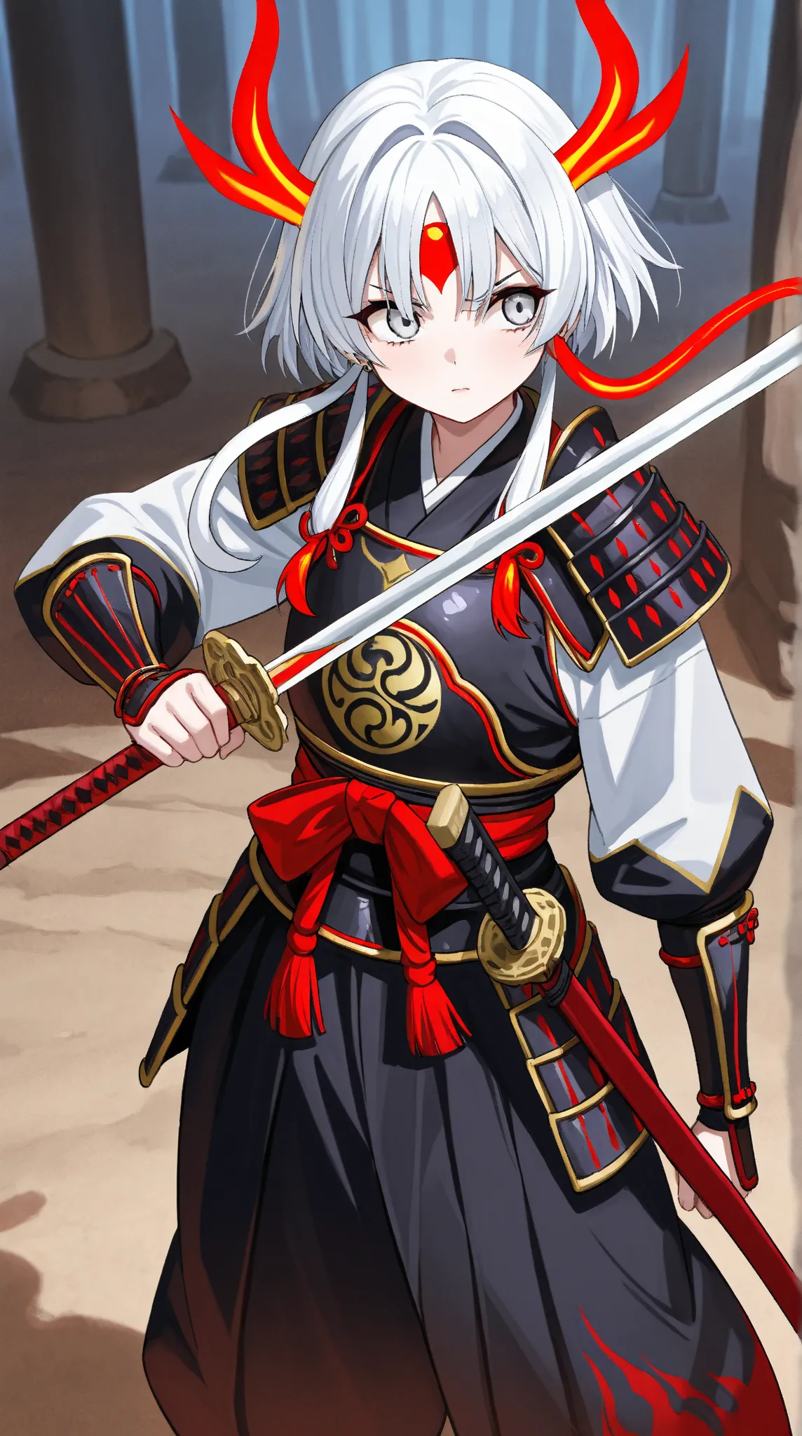  Woman 20 years old white hair and red locks with silver eyes she is a samurai in Demon Slayer , With a snake 