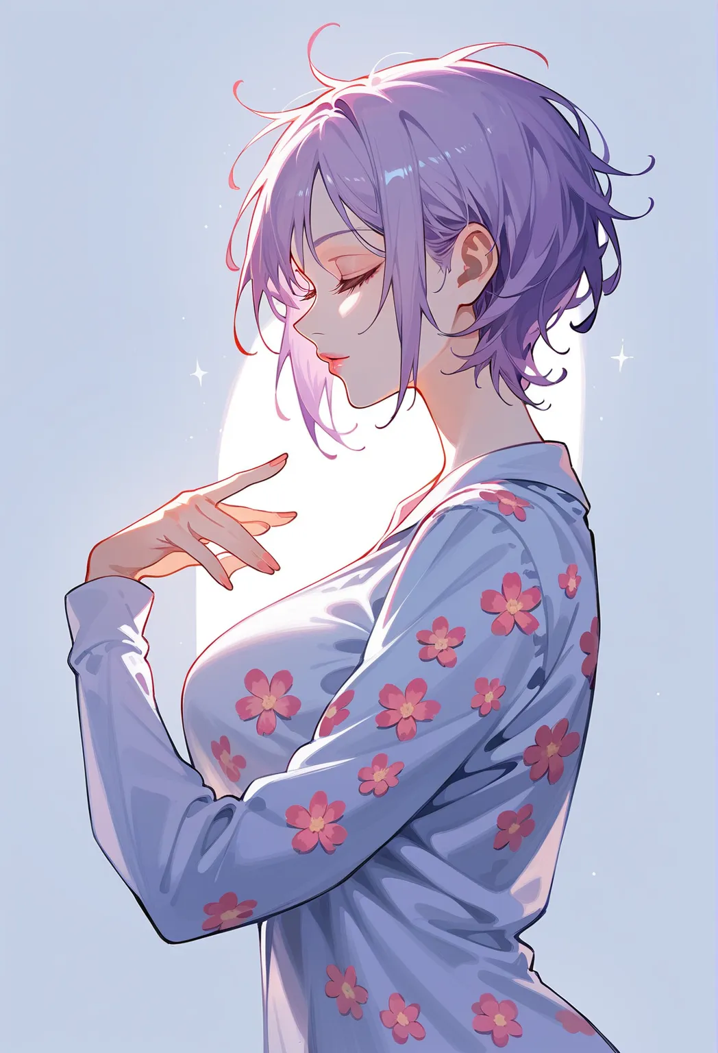 Artwork,, back view, adult female, single woman, single woman, alone, light purple hair, short hair, long bangs, closed eyes, lip gloss, full lips, cute smile, expressionless, white skin, big full breasts, high breasts, pink floral pajamas without sleeves,...