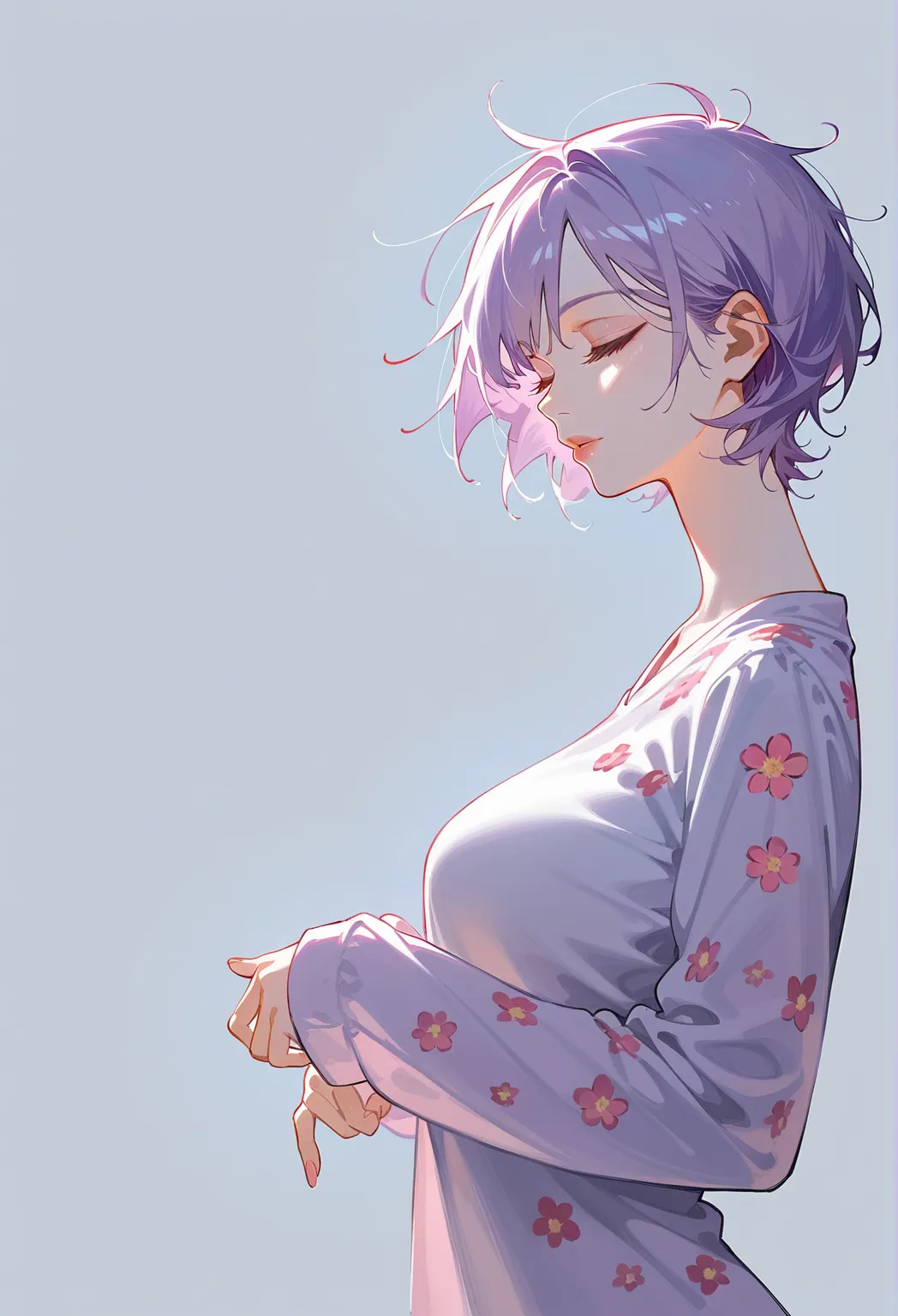 Artwork,, back view, adult female, single woman, single woman, alone, light purple hair, short hair, long bangs, closed eyes, lip gloss, full lips, cute smile, expressionless, white skin, big full breasts, high breasts, pink floral pajamas without sleeves,...