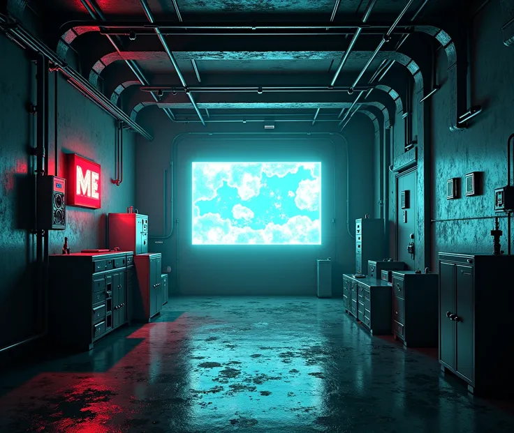 Anime 2D stil, Cyberpunk shelter room,  black, Gray, blue, rot, white, Neon lights, dark, grim, large holograms