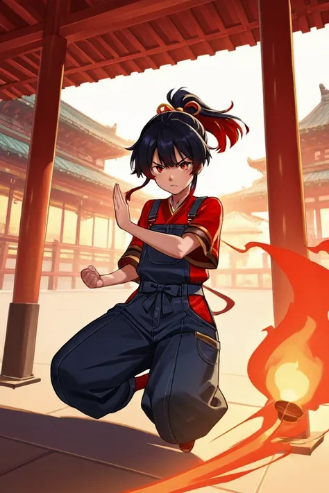   With black hair and red bangs, with black clothes with red details lunar festival style