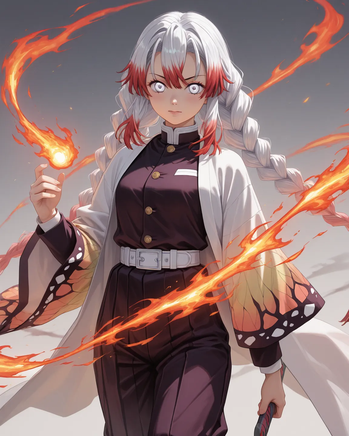 1 white hair girl with red locks and silver eyes of Demon Slayer with a samurai with long red hair makes a fire snake 