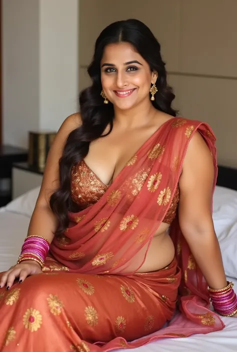 Indian beautiful woman sexy bhabhi, Sleeveless blouse,very deep cleavage,curvy plus size model wearing transparent copper peacock printed color saree ,Copper satin glossy sleeveless blouse, plenty pink bangles in hand,bindi on fore head,facing to camera in...