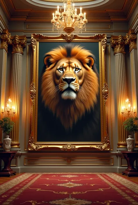 aesthetic palace victorian design with a big painting of a lion framed with gold to use as an mv background 