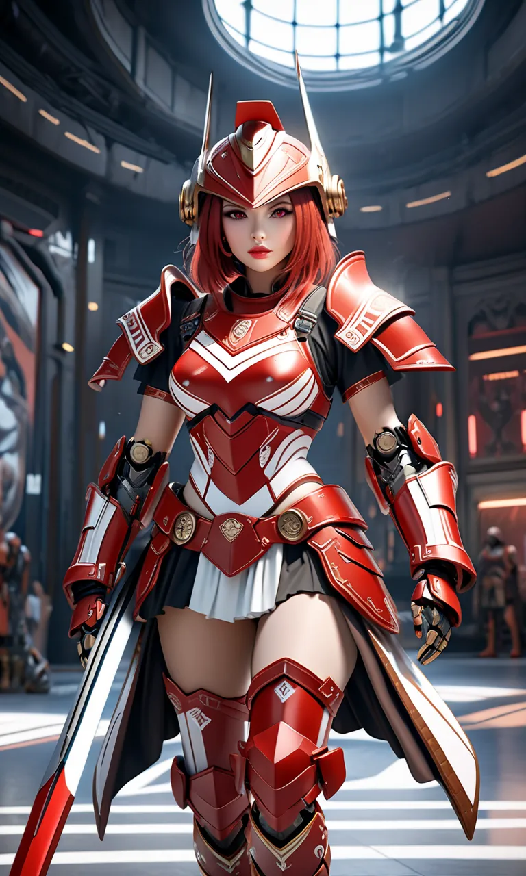  ( bestquality,4K,8k, highres,masterpiece:1.3),ultra-detailed,(realistic,photorealistic,photo-realistic:1.3),HDR,UHD,depicts future robot armor with motifs of gladiators from the ancient Roman Empire、 Concept Art Style 、１８a beautiful red haired girl with r...