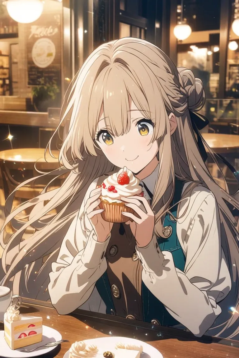 Anime-style illustration Violet Evergarden style, cake shop at lunchtime, eating cupcakes, cake and tea on the table. In the background is a stylish New York-style open cafeツインテール, very long hair,  highlight color hairstyle, hair fluttering in the wind, go...